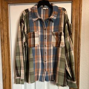 Plaid Button-Up Shirt in Blue, Green, and Brown